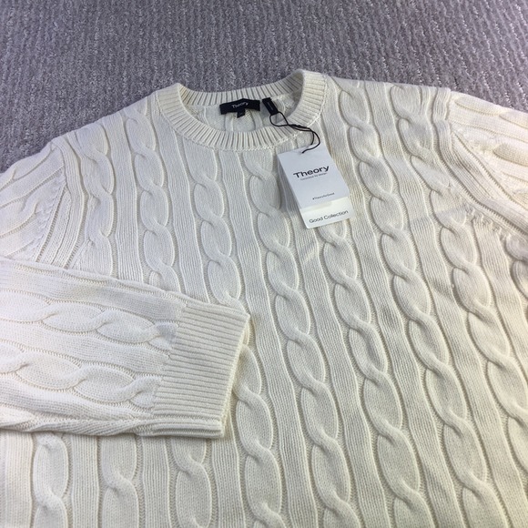 Theory Cable Knit Sweater Cream Wool Cashmere Blend Crew Neck Long Sleeve XL NWT
